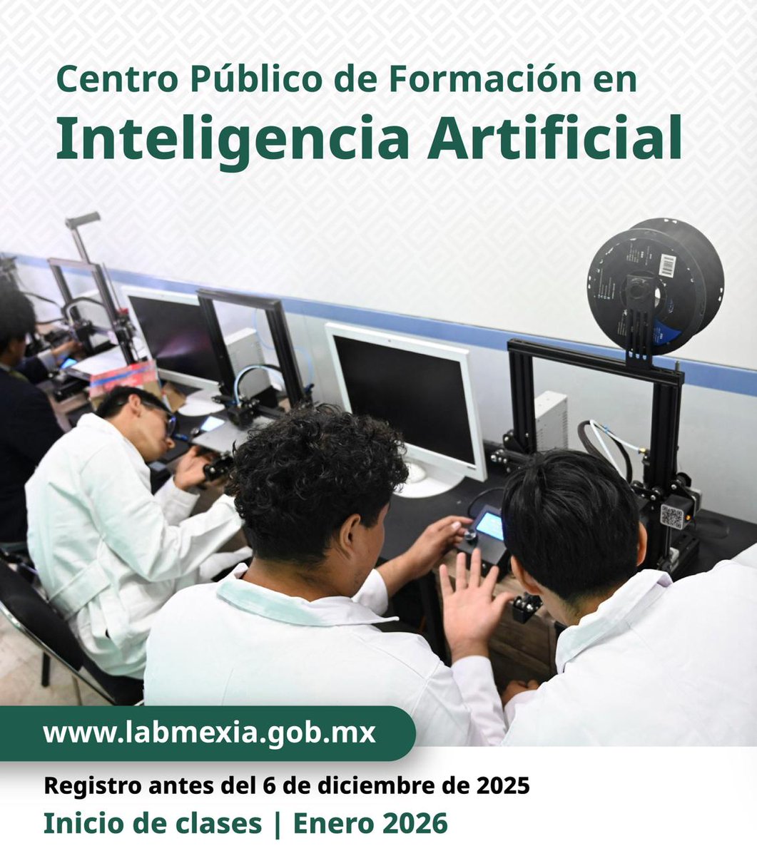 AgenciaGobMX's tweet photo. Especialízate de forma GRATUITA en el Centro Público de Formación en Inteligencia Artificial.

- Aprende IA, nube, ciberseguridad, Análisis de Datos y Java durante 5 meses

Recibirás doble certificación: 
- @InfotecMexico  y el @TecNM_MX

🤝 Idioma, vinculación laboral y mentorías personalizadas
📌 Modalidad híbrida en sedes de CDMX,  Mérida, Morelia, Morelos, Nayarit, Oaxaca, Puebla, Tamaulipas, Tijuana y Veracruz

👩🏽‍💻 Realiza tu registro antes del 6 de diciembre de 2025 en https://t.co/sp6ct96xa5