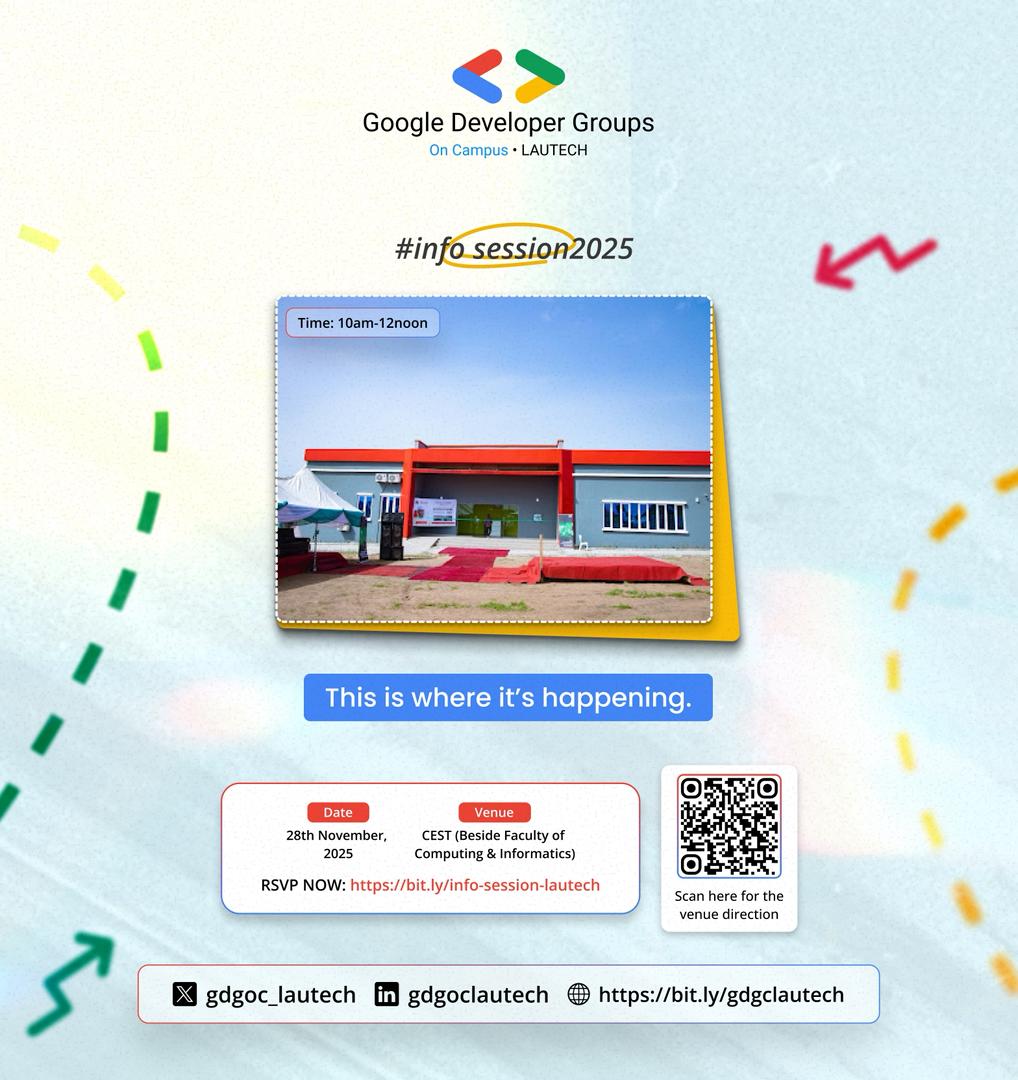 gdgoc_lautech's tweet image. Location Secured, 
Join us tomorrow Friday, Nov 28th 10 AM - 12 Noon: 𝗚𝗼𝗼𝗴𝗹𝗲 𝗣𝗿𝗼𝗱𝘂𝗰𝘁𝘀 𝗳𝗼𝗿 𝗬𝗼𝘂𝗿 𝗗𝗲𝘃 𝗝𝗼𝘂𝗿𝗻𝗲𝘆 𝗮𝘀 𝗮 𝗦𝘁𝘂𝗱𝗲𝗻t

Here’s the direct map link  👇 maps.app.goo.gl/fy82Gv42Ye57KU… #GDGOCLAUTECH