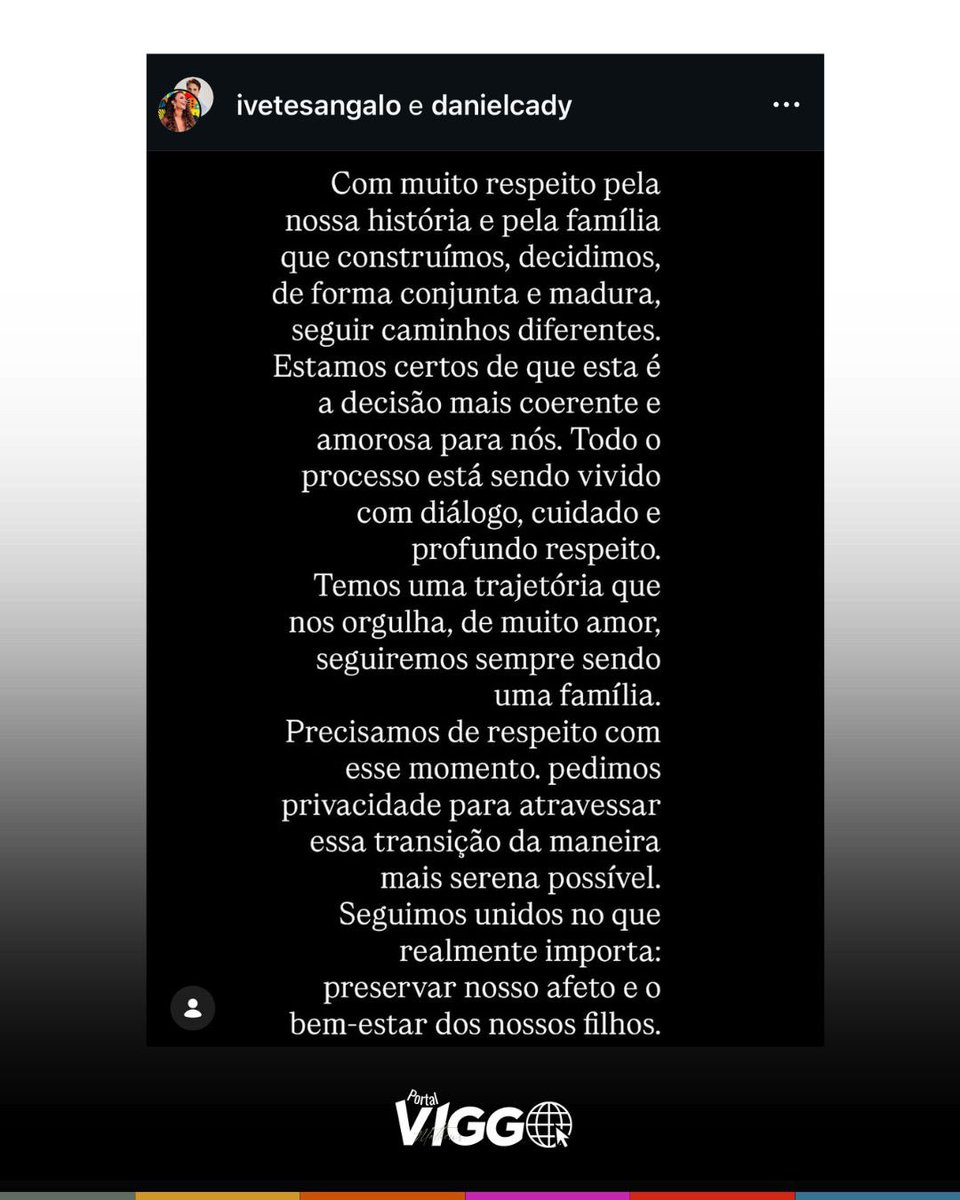 matheusviggo's tweet image. Ivete Sangalo e Daniel Cady anunciaram, por meio de um comunicado conjunto divulgado nesta quarta-feira (27), que decidiram colocar fim ao casamento. O casal afirmou que a decisão foi tomada de forma “conjunta e madura”.

🌐 Leia a matéria completa em PortalViggo.com