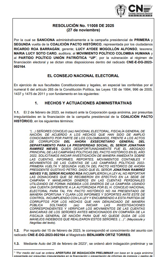 #EnDesarrollo Ya fue expedida la Resolución 11008 de 2025, con el que el Consejo Nacional Electoral sanciona administrativamente a la campaña Petro Presidente 2022 por vulneración al régimen de financiación electoral, entre los que está la violación de topes y la financiación con