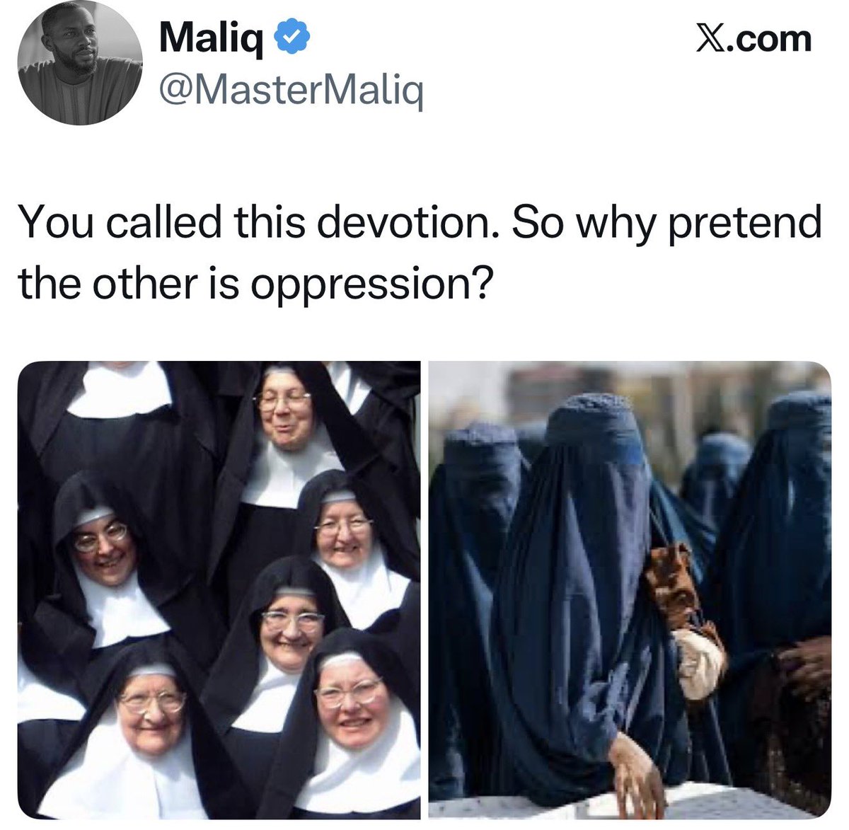 AlinejadMasih's tweet image. STOP comparing Afghan women in burqas with Christian nuns.

1- Nuns do not get beaten, jailed, or killed if they remove their veil. 

2-Their commitment applies only to themselves not to every woman in the country.

3-In Iran and Afghanistan, it doesn’t matter if you’re Muslim or…