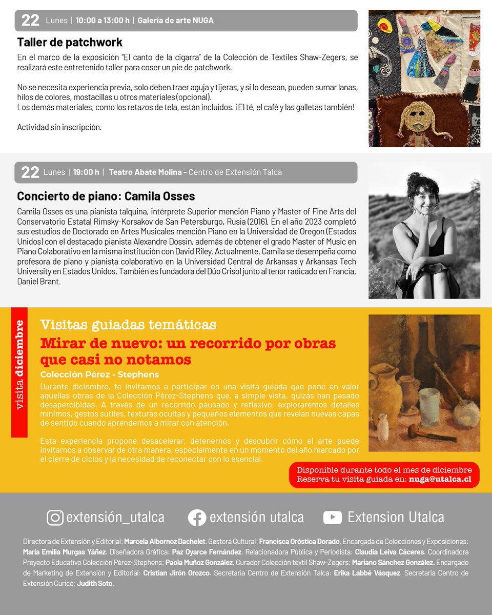 utalcaextension's tweet image. 📅 PROGRAMACIÓN CULTURAL DICIEMBRE 2025
En diciembre, Extensión UTalca presenta una agenda con cine 🎬, exposiciones 🖼, conferencias 🗣, teatro 🎭, talleres 🎨, literatura 📚 y música 🎶 en Talca, Curicó, Santiago y Pelluhue.
#cultura #arte #extension #comunidad #universidad