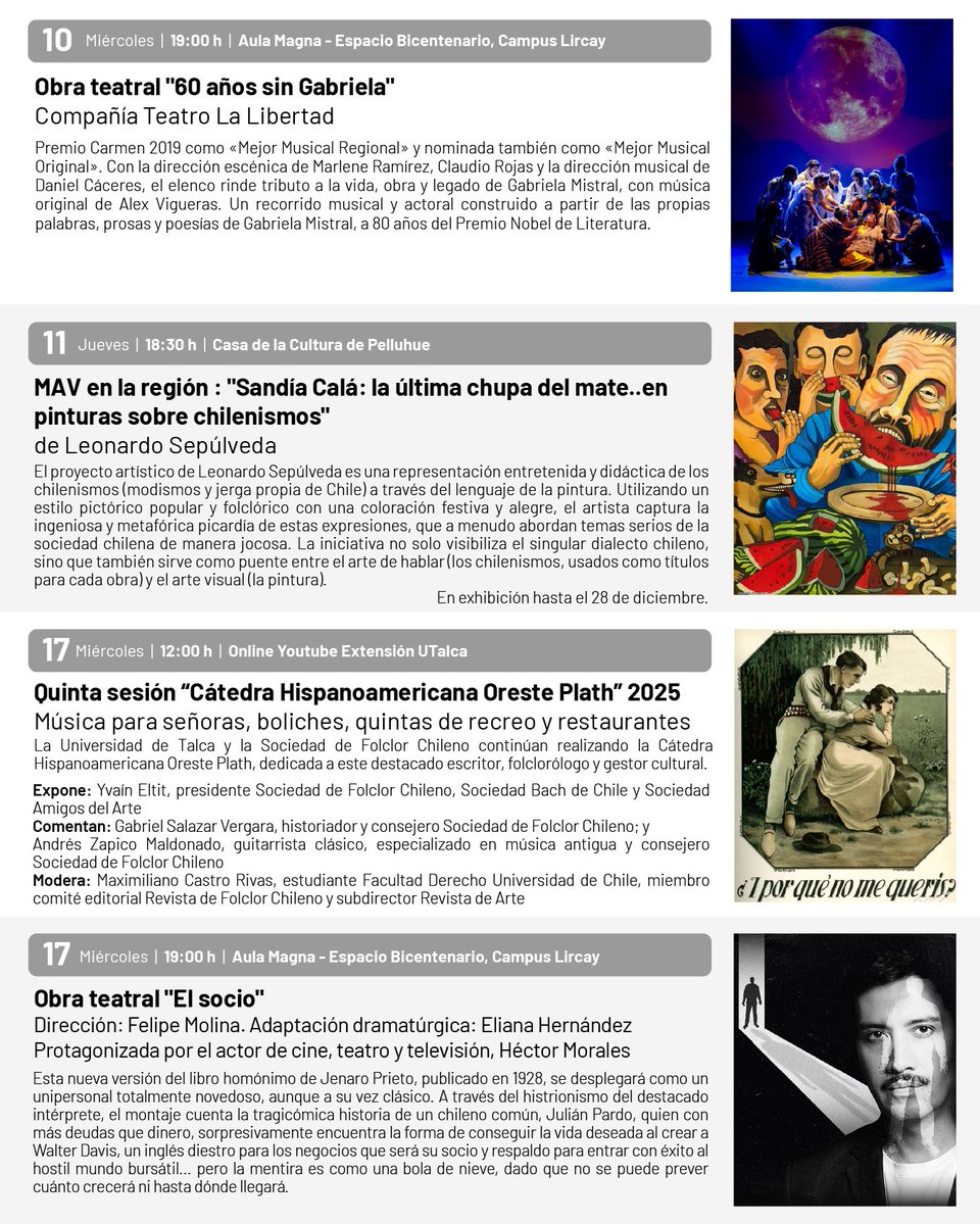 utalcaextension's tweet image. 📅 PROGRAMACIÓN CULTURAL DICIEMBRE 2025
En diciembre, Extensión UTalca presenta una agenda con cine 🎬, exposiciones 🖼, conferencias 🗣, teatro 🎭, talleres 🎨, literatura 📚 y música 🎶 en Talca, Curicó, Santiago y Pelluhue.
#cultura #arte #extension #comunidad #universidad