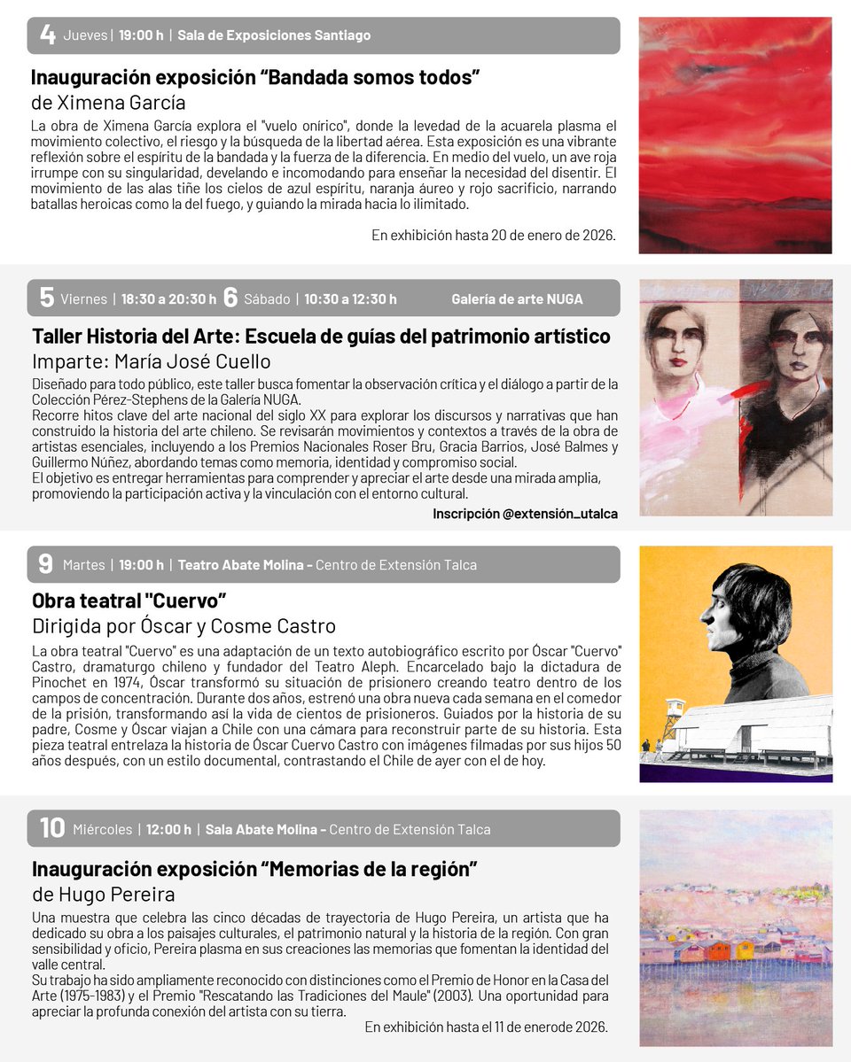 utalcaextension's tweet image. 📅 PROGRAMACIÓN CULTURAL DICIEMBRE 2025
En diciembre, Extensión UTalca presenta una agenda con cine 🎬, exposiciones 🖼, conferencias 🗣, teatro 🎭, talleres 🎨, literatura 📚 y música 🎶 en Talca, Curicó, Santiago y Pelluhue.
#cultura #arte #extension #comunidad #universidad
