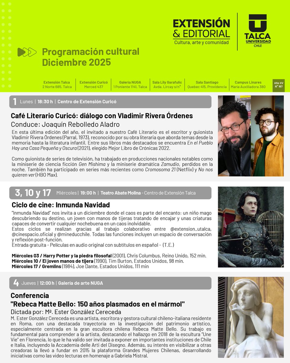 utalcaextension's tweet image. 📅 PROGRAMACIÓN CULTURAL DICIEMBRE 2025
En diciembre, Extensión UTalca presenta una agenda con cine 🎬, exposiciones 🖼, conferencias 🗣, teatro 🎭, talleres 🎨, literatura 📚 y música 🎶 en Talca, Curicó, Santiago y Pelluhue.
#cultura #arte #extension #comunidad #universidad