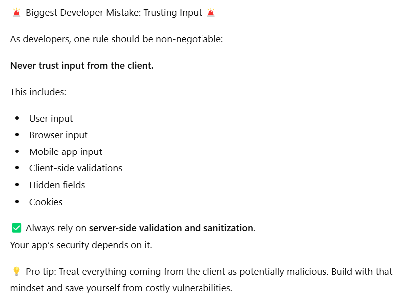 OluyemiPaul2's tweet image. Absolutely! So many developers rely too much on client-side validation. One overlooked input can lead to major security breaches. Server-side validation is non-negotiable. 🔒

#WebDevelopment #Security #CodingBestPractices #DevTips #InfoSec
