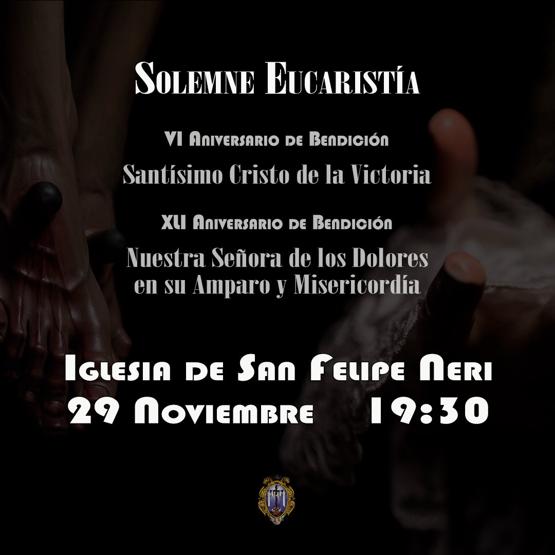 SantaCruzMalaga's tweet image. 𝐀𝐧𝐢𝐯𝐞𝐫𝐬𝐚𝐫𝐢𝐨 𝐁𝐞𝐧𝐝𝐢𝐜𝐢𝐨́𝐧 | El próximo sábado, 29 de noviembre, esta Seráfica Hermandad celebra una Solemne Eucaristía en honor a nuestros Sagrados Titulares, con motivo del Aniversario de Bendición.

#CofradiasMLG
