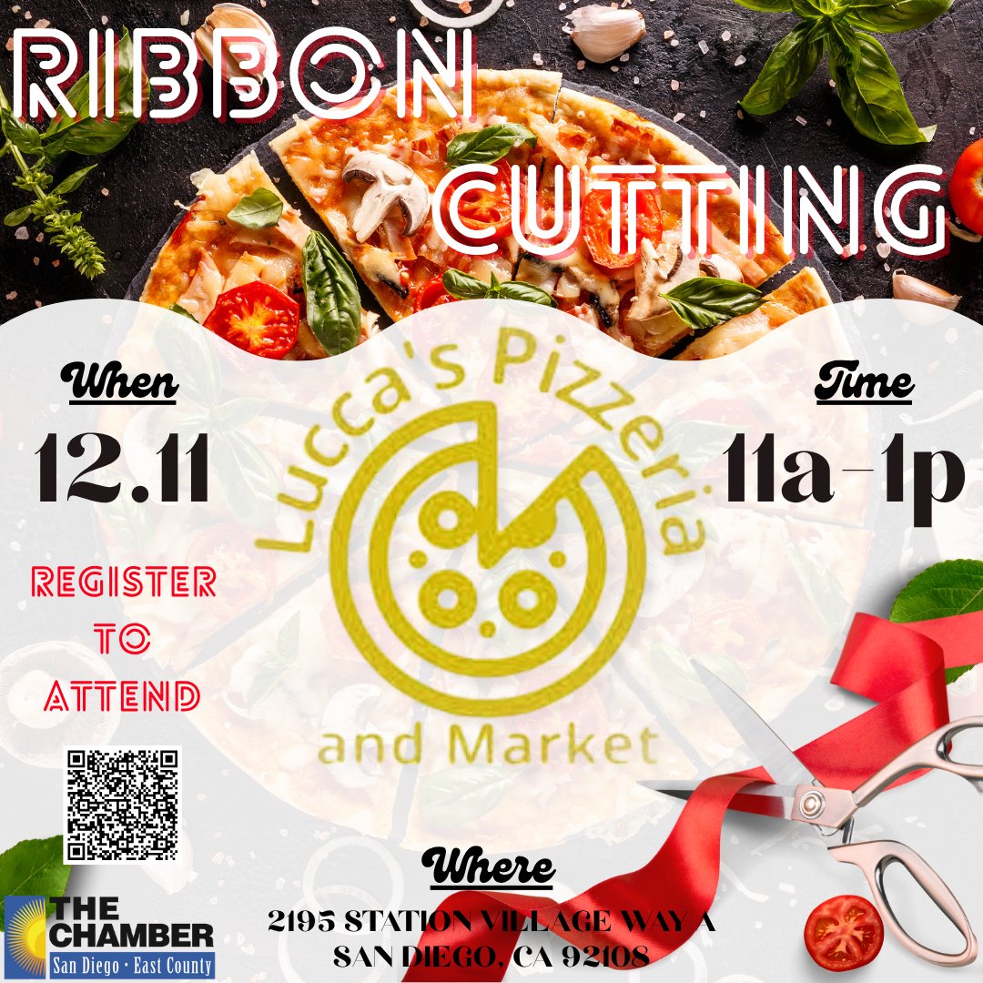 sdeccc's tweet image. Please join us for a Ribbon Cutting Ceremony at Lucca&apos;s Pizzeria &amp;amp; Market! Enjoy complimentary food, beverages, and beats--register today! ✂️🍕

RSVP: ow.ly/BFiv50Xrcth

#SDECCC #RibbonCutting #EastCountySD #SanDiegoBusiness #ChamberSupport #ChamberEvents