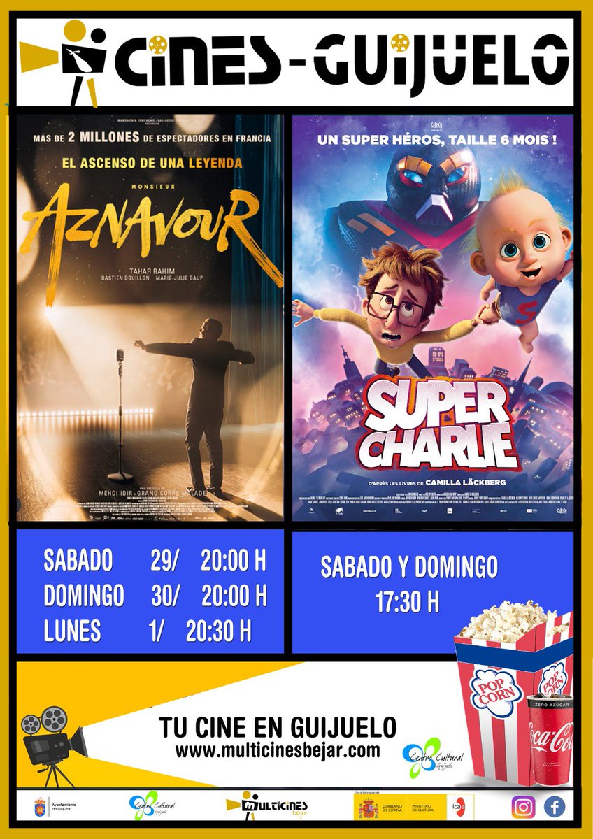🎬 Cine Guijuelo programa dos películas este fin de semana
El Centro Cultural proyectará “Aznavour”, destinada a público joven/adulto, y “Súper Charlie”, una propuesta para toda la familia.
Guijuelo vuelve a apostar por la cultura a través del cine.
El cine es cultura.

#Cultura