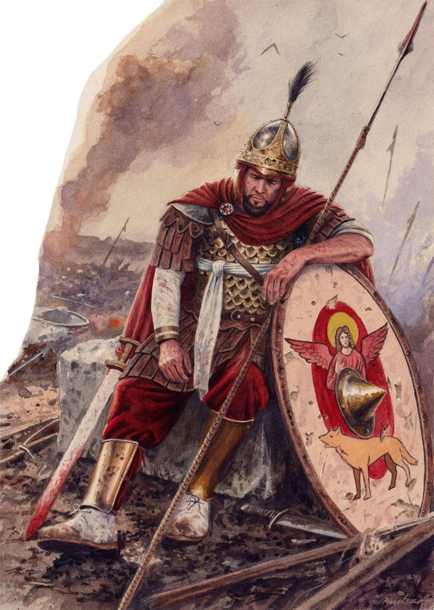 CatImperator's tweet image. A late Roman soldier, probably late 6th century. 

His gear matching finds from Italy and the Balkans.
Possibly one of Justinian’s men, fighting in the long struggle to reclaim Italy for the Roman Empire.

A campaign that, in the end, ruined Italy...

🖼️Renato Dalmaso