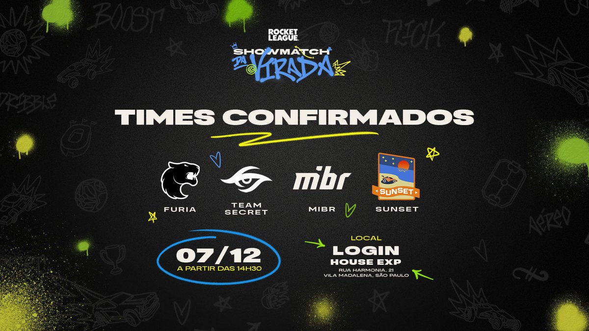 Tá chegando a hora! 🤩
<a href="/FURIA/">FURIA</a>, <a href="/teamsecret/">Team Secret</a>, <a href="/MIBR/">MADE IN BRAZIL.</a> e Sunset vão disputar tudo no palco do Showmatch da Virada em São Paulo!

Quem garante essa vitória? 🏆

Ingressos gratuitos disponiveis: rl.gg/ingresso-da-vi…