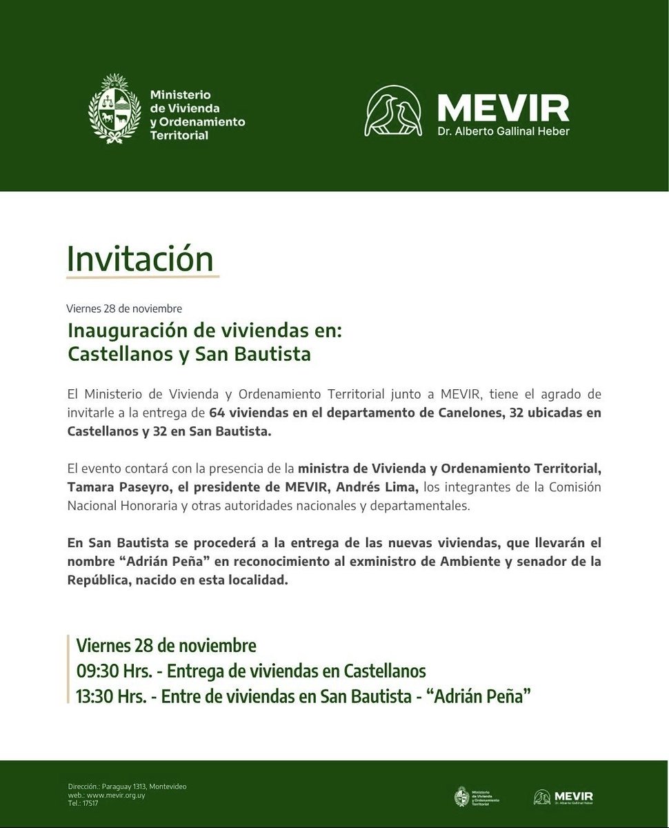 Mañana a las 13y30hs se entregarán las viviendas de MEVIR en San Bautista que llevarán el nombre de "Adrián Peña " y se descubrirá una placa en homenaje. Están todos invitados y agradezco difundir a todos los que entiendan que les gustaría estar. Nos vemos mañana!
