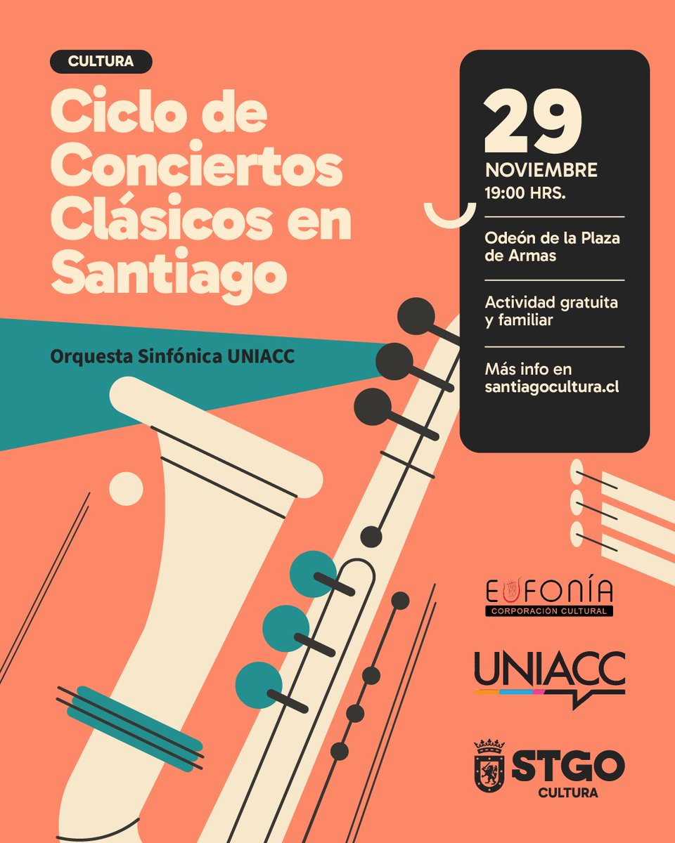 🎼¡Te invitamos al cuarto Concierto Clásico en Plaza de Armas junto a la Orquesta Sinfónica UNIACC!

🟠Fecha: 29 de noviembre
🟢Horario: 19:00 horas
🔵Lugar: Odeón de Plaza de Armas 
🟣Entrada liberada, no requiere inscripción.

👉Más información en santiagocultura.cl