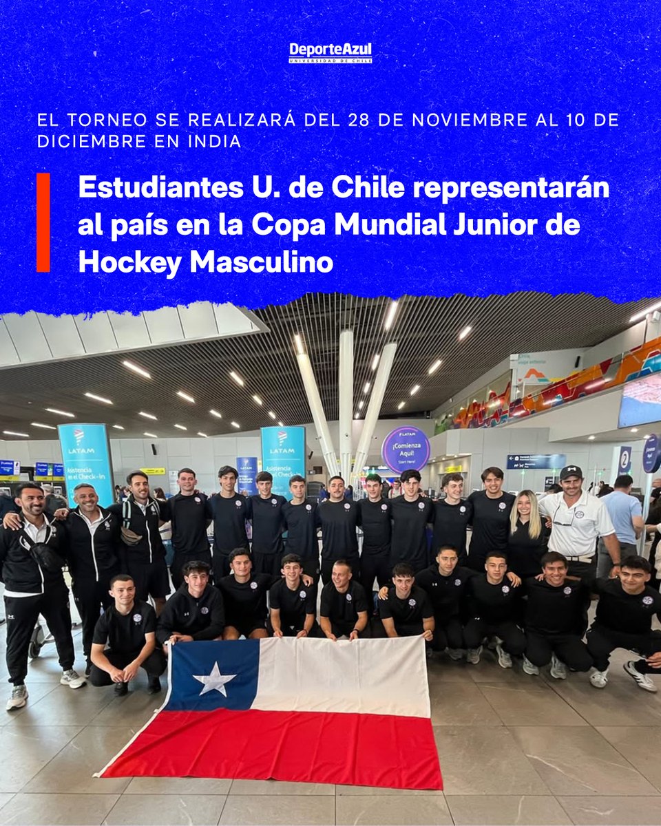 DeporteAzul's tweet photo. 🏑🇨🇱 Cinco integrantes de la U. de Chile representarán al país en la Copa Mundial Junior de Hockey Masculino, que se disputará entre el 28/11 y el 10/12 en India 🇮🇳

👏 Felicitamos a:
Fernando Aguirre, Felipe Duisberg, Lucas Lüders, Axel Stein, León Taladriz.
¡Vamos la U! 💙❤️ https://t.co/SEeicZVDLJ