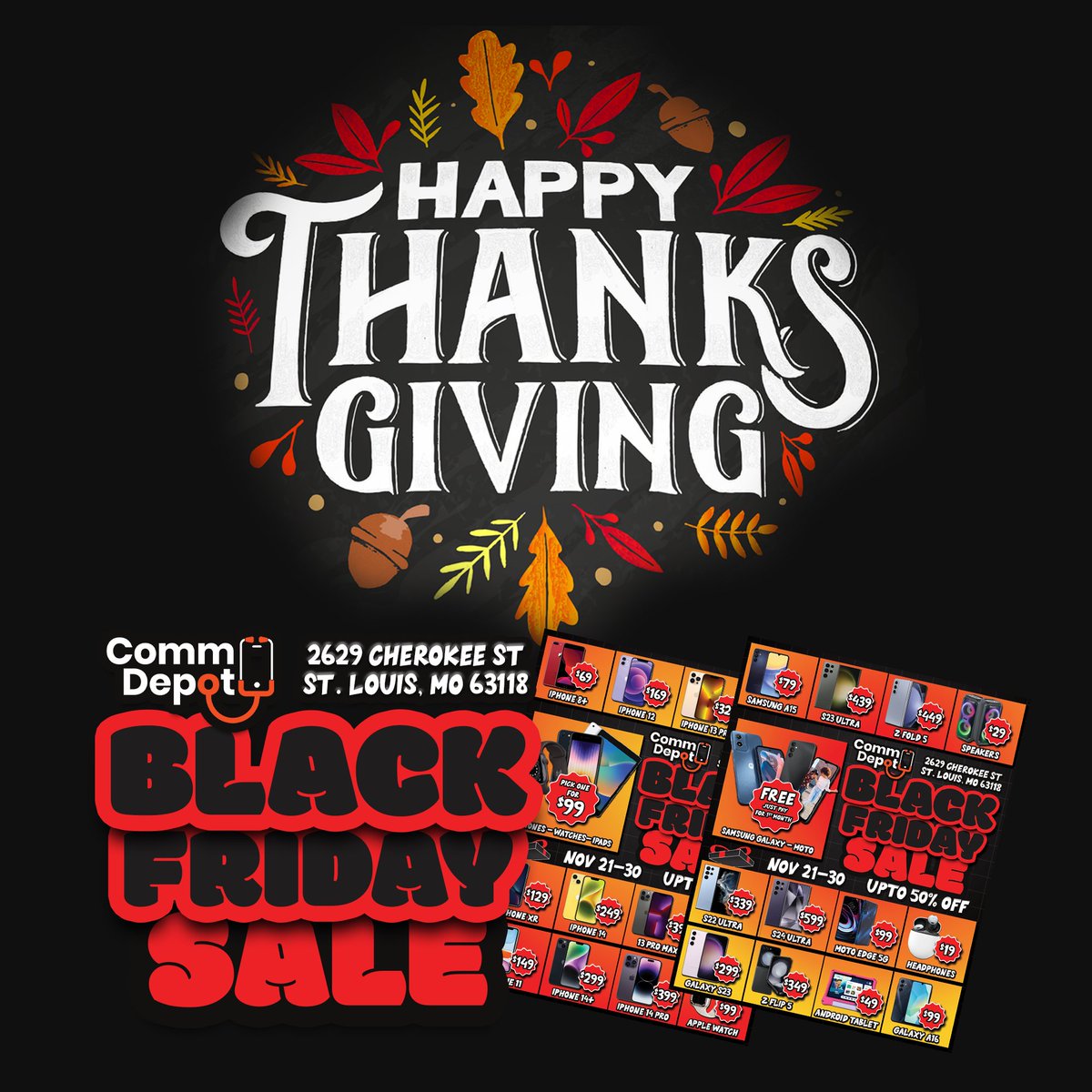 commdepotstl's tweet photo. Happy Thanksgiving from CommDepot! 🦃🍁
Enjoy today with family, food, and gratitude — and don’t forget… BLACK FRIDAY starts tomorrow! Get ready for the deals. 🔥🛍️ https://t.co/uap8gZ1QOm