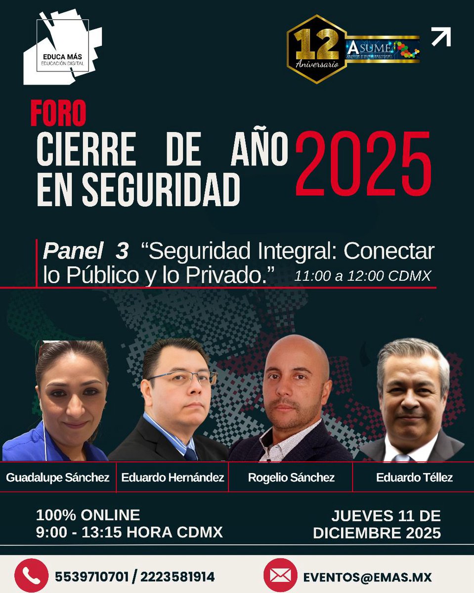 Te invitamos a ser parte del Panel 3 del del Foro "Cierre de Año en Seguridad 2025", un espacio diseñado para analizar, con voces expertas, las rutas de colaboración que marcarán el 2026.

Acompáñanos a escuchar las perspectivas de grandes especialistas en la materia. 👇