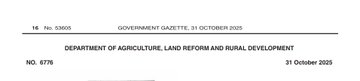 A black-and-white screenshot of an official South African Government Gazette page header, featuring repeated publication details, notice number 677, and the Department of Agriculture, Land Reform and Rural Development, dated October 31, 2025; no images, people, or additional content visible beyond text.