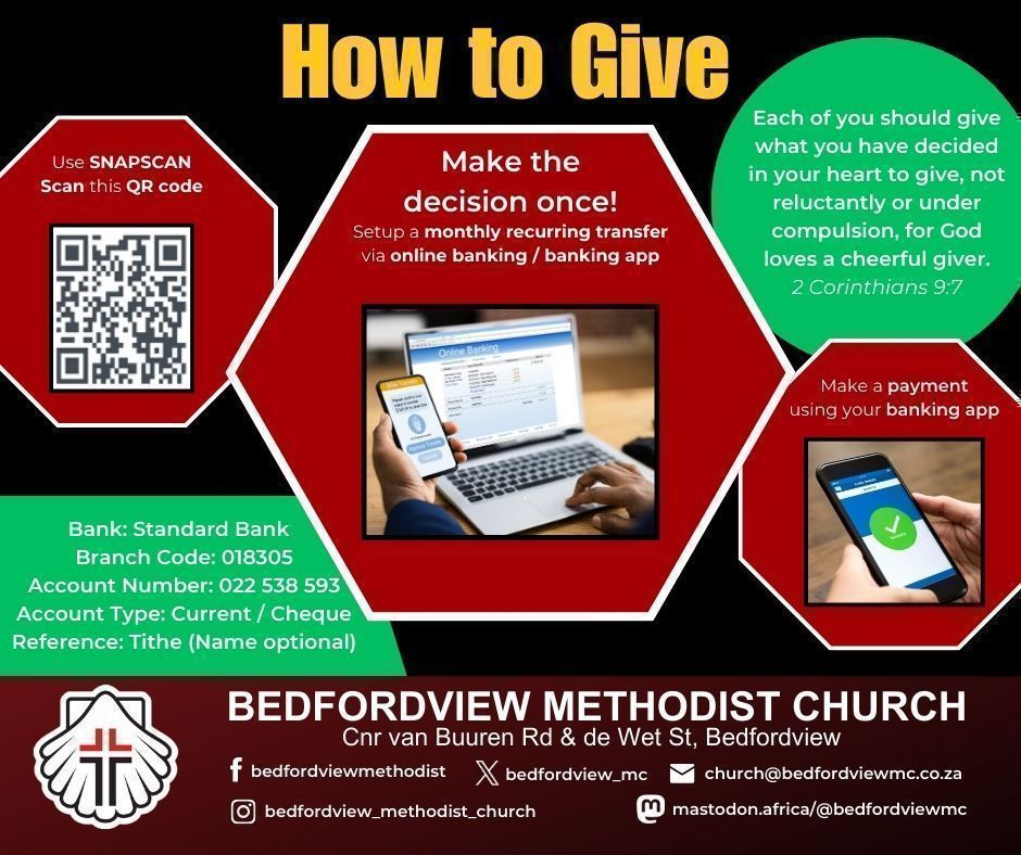bedfordview_mc's tweet image. At BMC, there are many ways to give. Please consider switching your #tithe to us to electronic transfers or SnapScan. It&apos;s safer and saves us on bank deposit fees. However you give, don&apos;t forget that your contributions keep us afloat, and every little bit helps!