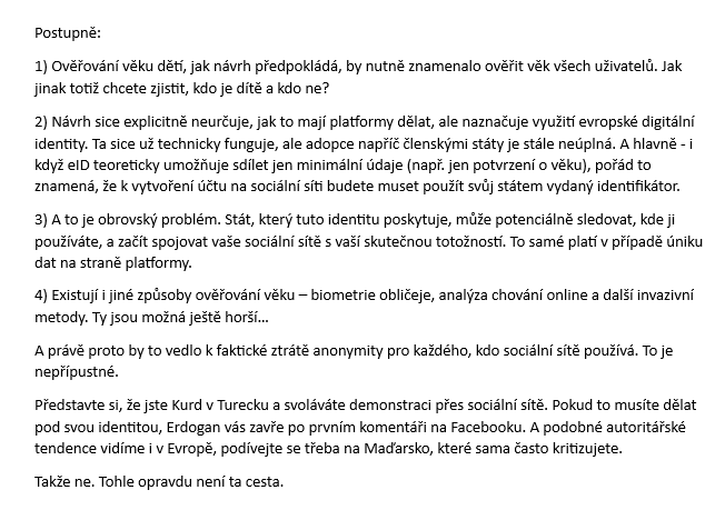 <a href="/danusenerudova/">Danuše Nerudová</a> Strefování se do lidí, kteří si uvědomují důležitost anonymity na internetu, je nechutné a velmi mě to od vás mrzí. Všichni chceme chránit děti, ale pokud chcete otevřít diskuzi o sociálních sítích, pojďme si přiznat, že ten včerejší návrh to opravdu nevzal za správný konec.