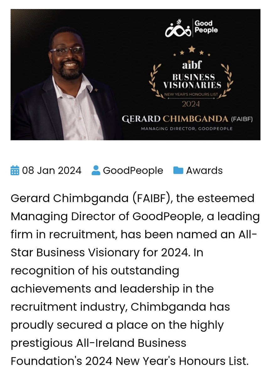 SuzieD755164's tweet image. PURE LUNACY in Ireland 🇮🇪 GERARD CHIMBGANDA has been given an &quot;All Star Business Visionary Award&quot;. Chimbganda is the CEO of GoodPeople and he was awarded a SIX MILLION EURO government contract (for elderly homecare) AFTER it was found he was FALSIFYING criminal background checks…
