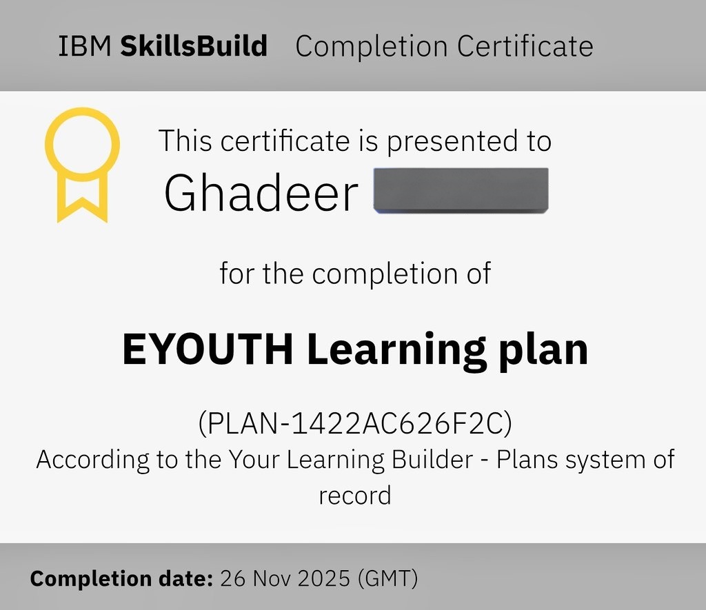 5Ghrf5's tweet photo. Day 3✔️☁️  

و​اليوم اختتام برنامج #IBMSkillsBuild بالشراكة مع EYouth وبتعاون مع @TECHNOSITEE 

تجربة كانت جدا ممتعة ومفيدة والشرح كان واضح وخفيف

شكرًا لكل من قدم وساهم وكانو فوق التقييم⭐️🤍

 وشهادة إنجاز جديدة تنضاف لمسيرتي✨️
​#نحو_الذكاء_الاصطناعي https://t.co/kyllWYRql4