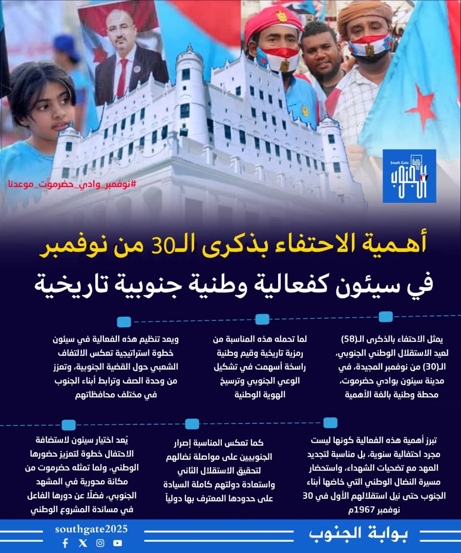 الانتصار الذي نحتفل بذكراه اليوم صنع من تضحيات ابطال، ولم تزل تضحيات ابناء الجنوب مستمرة حتى نيل الاستقلال الثاني واستعادة الدولة..
#نوفمبر_وادي_حضرموت_موعدنا