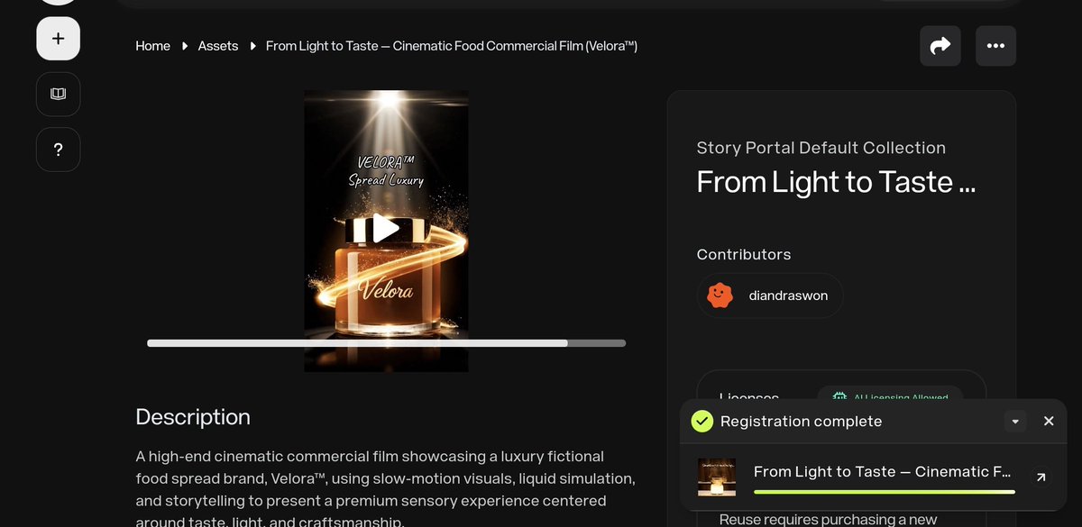 diandraswon's tweet image. Just registered my generative video IP on @storyprotocol ✅
From concept → cinematic generative ad → on-chain IP
This asset represents how AI-generated media can become real digital property.

View asset on-chain:
portal.story.foundation/assets/0x9eBC6…

#StoryProtocol #GenerativeAI #OnchainIP