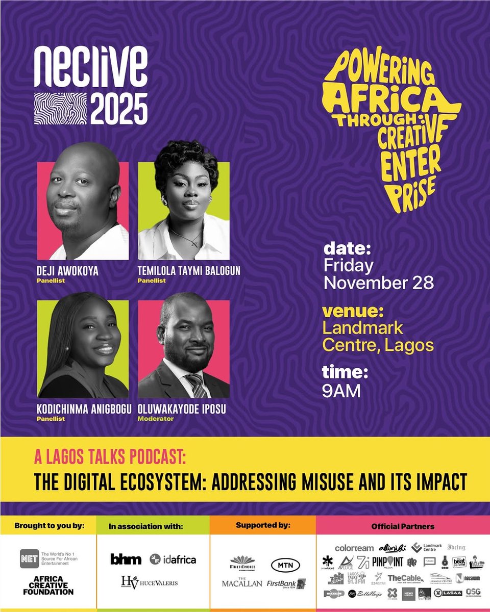 theNETng's tweet image. This Lagos Talks podcast-styled conversation at NECLive 2025 will explore how creators, consumers, and platforms shape today’s online environment for better or worse.

The panellists will examine the rising misuse of digital spaces, its cultural and commercial consequences, and…