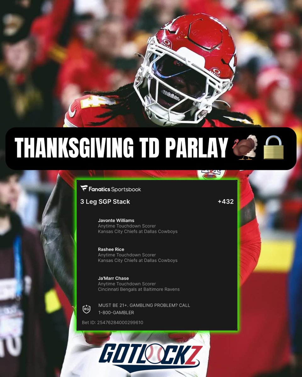 GotLockzz's tweet photo. +432 Touchdown Parlay 🤑

Our members are cashing out this Thanksgiving, don’t miss out ‼️

Code: “THANKSGIVING” for 25% off VIP today ONLY 🦃 https://t.co/BHl77zM1Zd