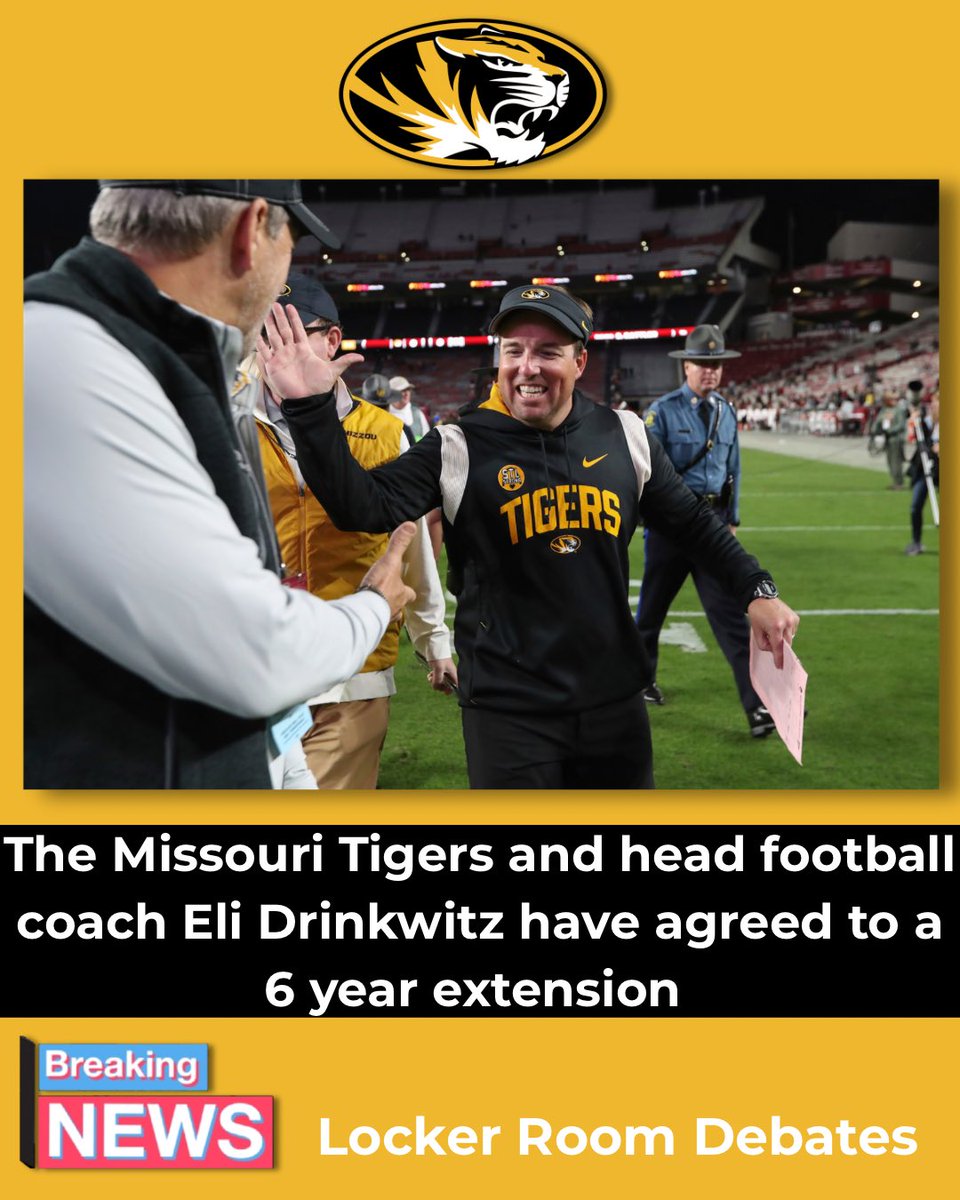 Lockeroomdebate's tweet photo. Drinkwitz’s new deal runs through the 2031 season and includes an average annual compensation of $10.75 million.

Over 6 years at Mizzou, Drinkwitz has posted a 45-28 record with a 28-9 record over the past 3 seasons.

#cfb #football #collegefootball #mizzou  #elidrinkwitz https://t.co/eb8XVtl37X