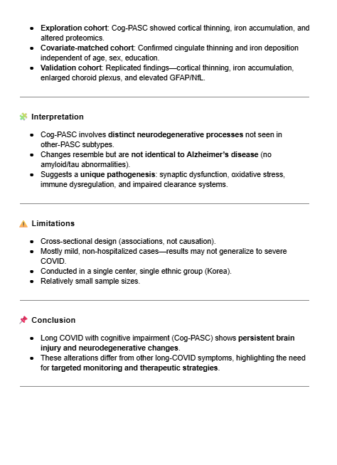 dlingenfelter's tweet image. Long COVID with cognitive impairment (Cog-PASC) shows persistent brain injury, distinct from other subtypes.

Key neurodegenerative changes include cortical thinning, iron deposition, elevated damage biomarkers (GFAP/NfL), and altered proteomic signatures.
nature.com/articles/s4146…