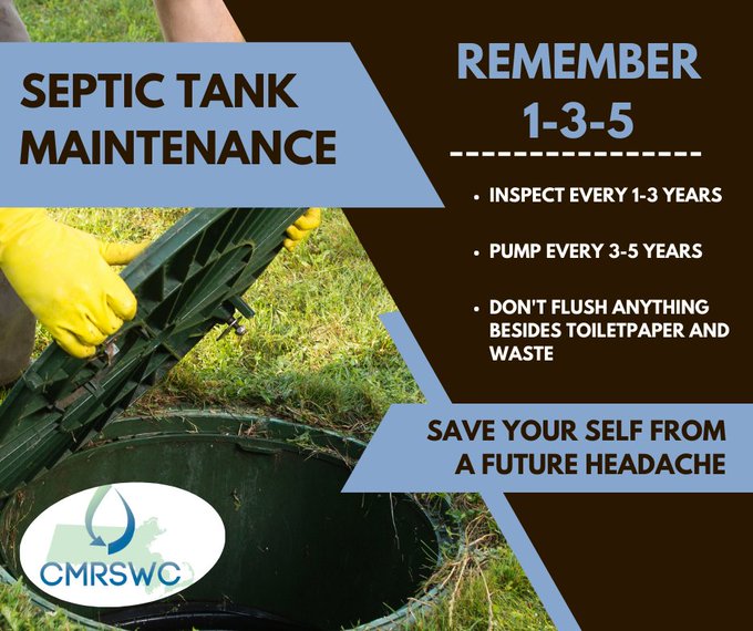 MAStormH2O's tweet image. Septic system owners—remember the 1-3-5 rule:

✅ Inspect every 1–3 years

✅ Pump every 3–5 years

✅ Only flush toilet paper &amp;amp; waste

Prevent future headaches &amp;amp; protect water quality! 

#CMRSWC #StormwaterTips