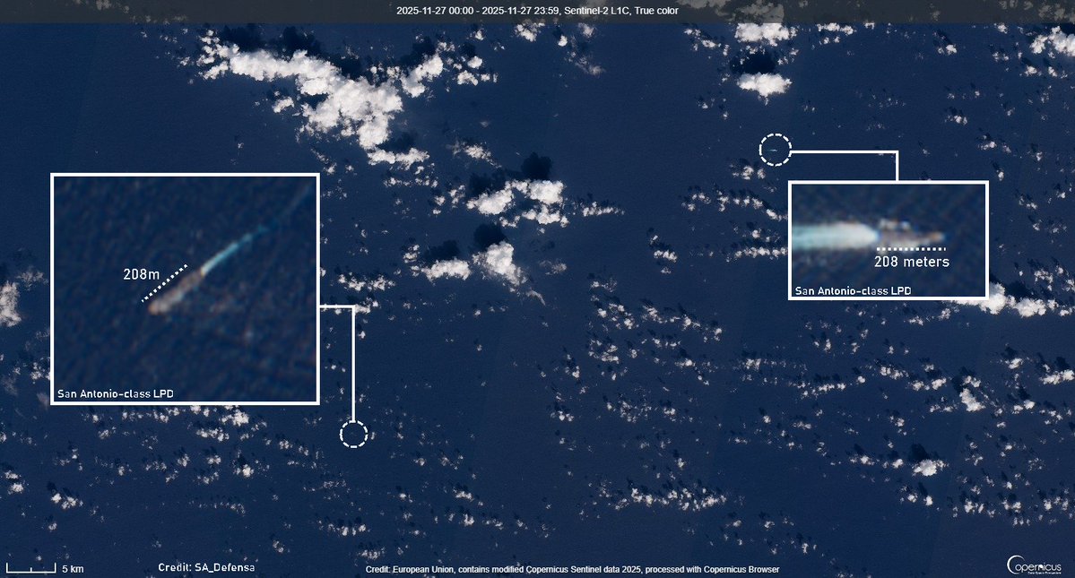 SA_Defensa's tweet image. Correction!

I have found a second @USNavy (🇺🇸) San Antonio-class amphibious transport dock just ~33 miles (53 km) south of the previous one identified.

It seems strangely thicker, but both match existing specs; perhaps a lens effect?