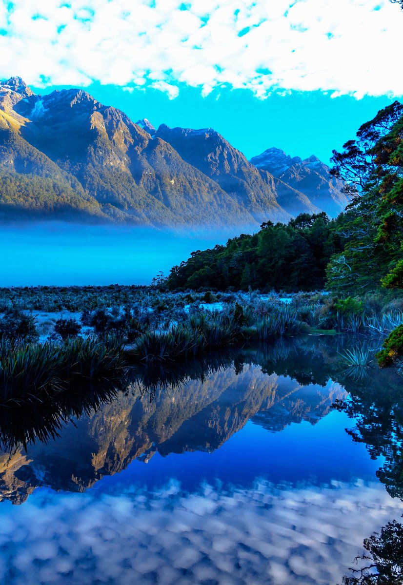 LoveSongs4Peace's tweet photo. Beautiful misty morning reflects sky and mountains on Mirror Lake, located in Fiordland National Park, New Zealand's South Island ๐ณ๐ฟ https://t.co/aipgnryysI