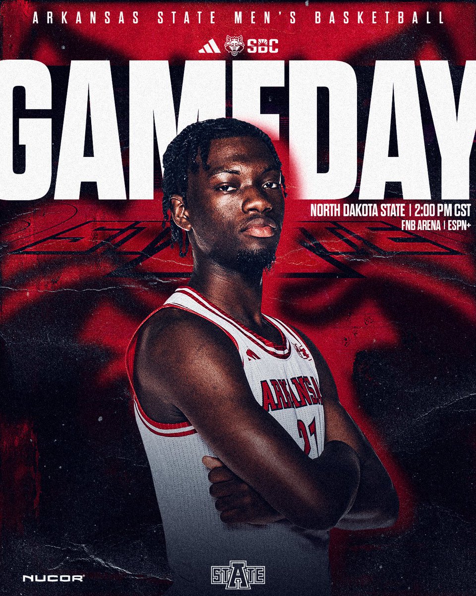AStateMB's tweet image. Scarlet and Black Friday

🆚 North Dakota State
📍 First National Bank Arena | Jonesboro, Arkansas
🕑 2:00 PM CT
📺 bit.ly/4pdeH2i
📻 bit.ly/4oiK8GX
📊 bit.ly/37Cpr3C

#WolvesUp