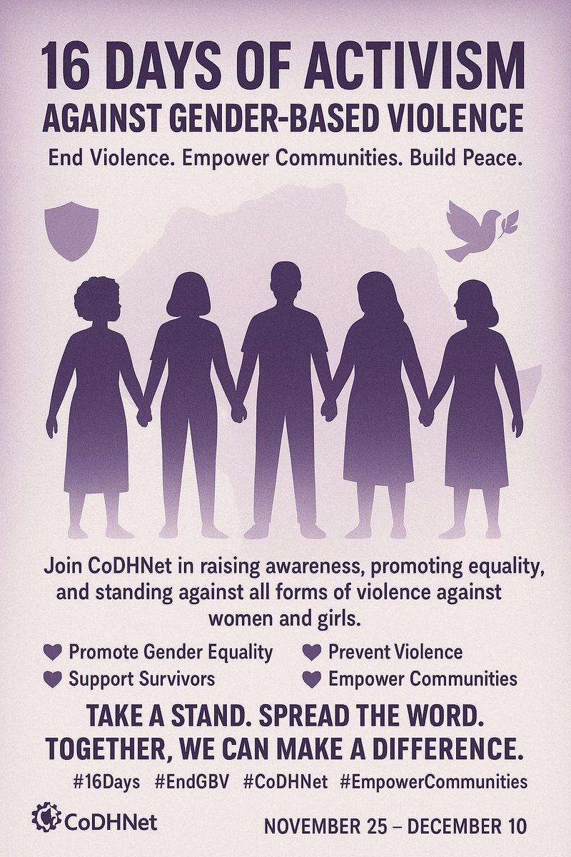 CODHNET's tweet image. 💜 Join CoDHNet in raising awareness &amp;amp; standing against violence toward women &amp;amp; girls!

💜 Promote Gender Equality
💜 Support Survivors
💜 Prevent Violence
💜 Empower Communities
Take a stand. Spread the word. Together, we make change!
#16DaysActivism #EndGBV #CoDHNet