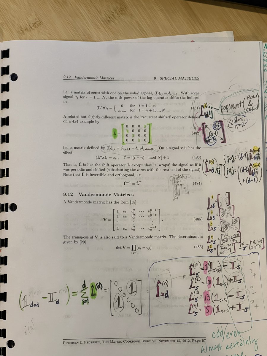 aionfork's tweet image. How to #Factor #PascalsTriangle as sums/products of primatives? Maybe #RecurrentShiftOperator RSO wanders aimlessly in that direction?

1st page: sum of RSO powers (RSOP) =&amp;gt; Ones(d x d) - Id(d)

(RSOP)^n =&amp;gt; sequence where diagonal is:

+I(d) if n is even
 
-Id(d) if odd