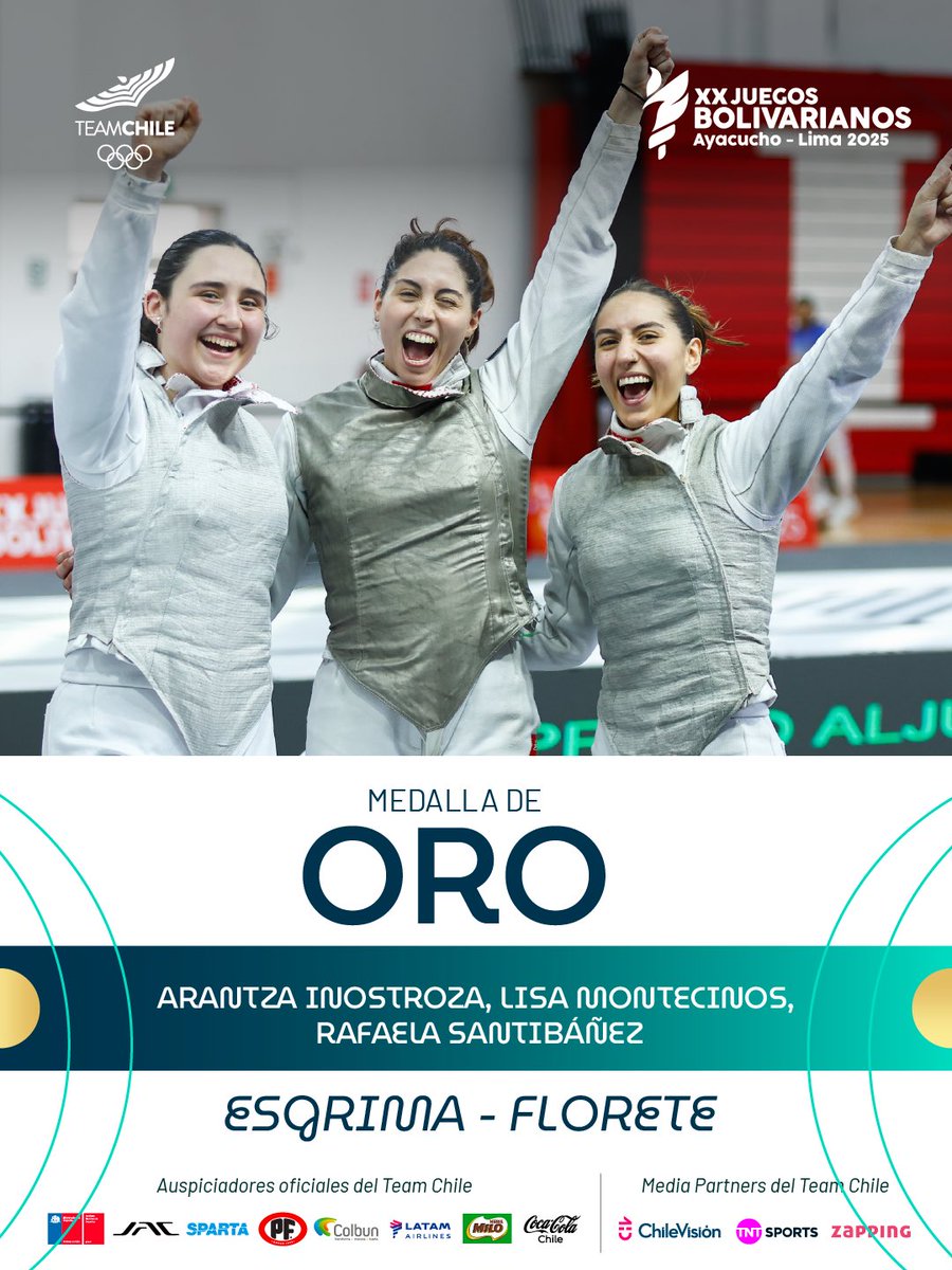 ¡SEEEEECAAAAS! 🥇😮‍💨🤺

Las esgrimistas Arantza Inostroza, Lisa Montecinos y Rafaela Santibáñez arrasaron 🥇 en la competencia por equipos de florete en Lima 🇵🇪, luego de superar a Venezuela 🇻🇪 (45-36) y a Colombia 🇨🇴 (45-31).

Así, Arantza —nuestra abanderada 🤩— completó dos