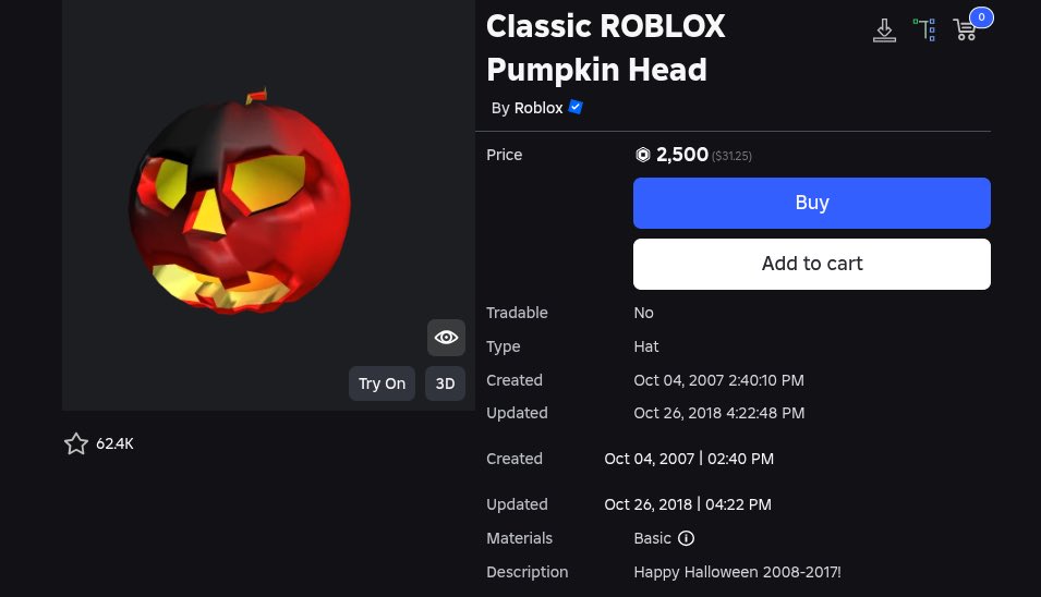 Panch_Man445's tweet image. Roblox Black Friday Sale Day 5🏷️

For the next 24 hours only, the Classic Roblox pumpkin head has returned 2500 Robux 🎃 

Link: roblox.com/catalog/115803…