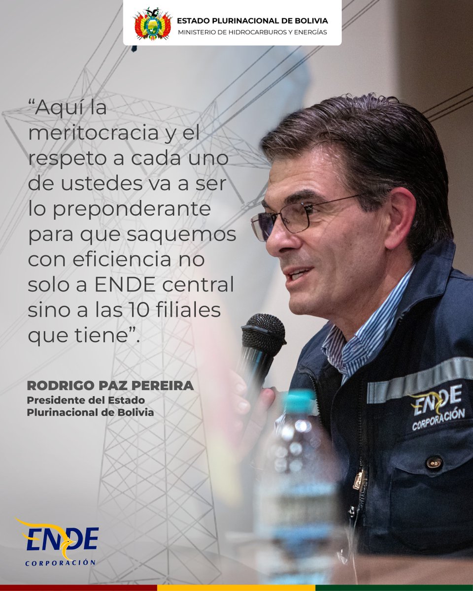 #LaFrase I El presidente Rodrigo Paz Pereira subrayó que la meritocracia y el respeto serán los pilares para lograr la máxima eficiencia en ENDE Corporación, que tiene una oficina matriz y 10 filiales.

#SiempreBolivia
#ENDE