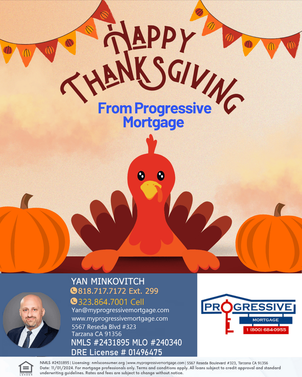 Happy Thanksgiving from Progressive Mortgage. Wishing everyone a warm and meaningful holiday. We’re grateful for your trust and support. If you have any friends, family members, or coworkers who need help with a loan, please refer them to us.#HappyThanksgiving #MortgageBroker