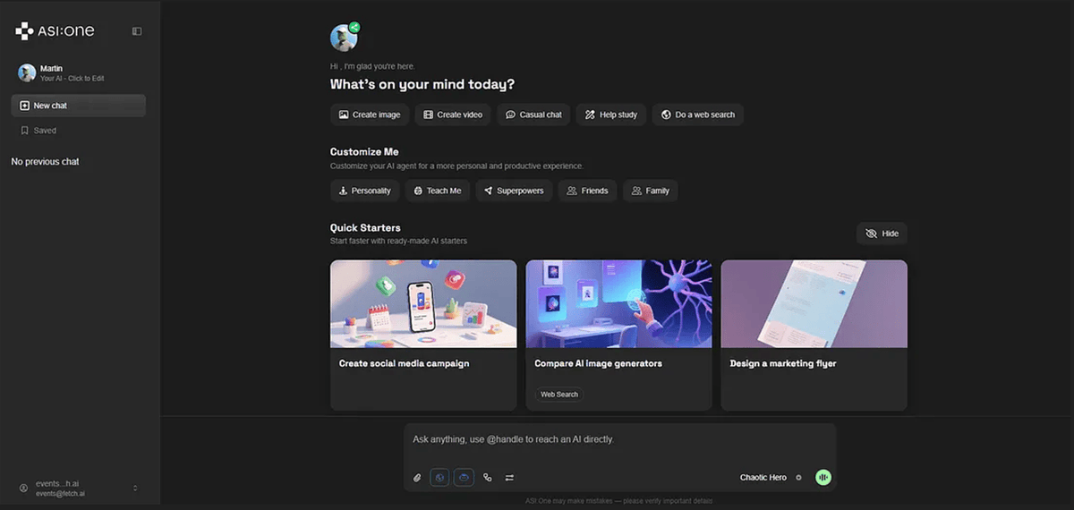 Fetch_ai's tweet image. Time to make AI truly yours.

Use ASI:One to shape your AI’s personality, reserve a handle, give it a name and a look.

Start with Part Two of the ASI:One Guide to enhance your onboarding experience.

This article shows how memory starts building, how to shape your AI’s…
