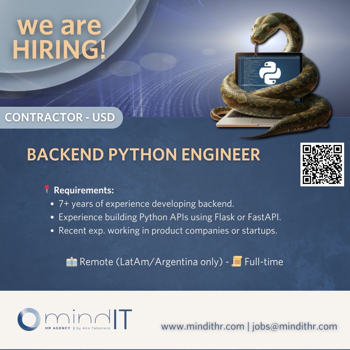 mindIThr's tweet image. Seeking Senior #Backend Engineer to build scalable #Python# APIs and #AI #microservices with #Flask and #FastAPI in a fast-growing #fintech #startup. 🐍