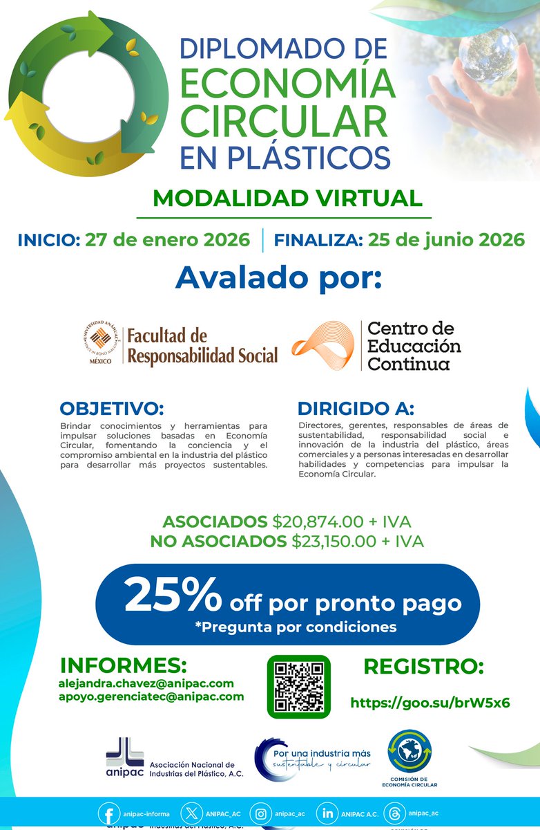 🍃🌎𝘿𝙞𝙥𝙡𝙤𝙢𝙖𝙙𝙤 𝙙𝙚 𝙀𝙘𝙤𝙣𝙤𝙢𝙞́𝙖 𝘾𝙞𝙧𝙘𝙪𝙡𝙖𝙧 𝙚𝙣 𝙋𝙡𝙖́𝙨𝙩𝙞𝙘𝙤𝙨 | 𝙑𝙞𝙧𝙩𝙪𝙖𝙡 💻

Impulsa soluciones sostenibles en la industria del plástico 🌱 y desarrolla proyectos con innovación y responsabilidad ambiental.

🏷 Registro 👉 bit.ly/43l8qIY