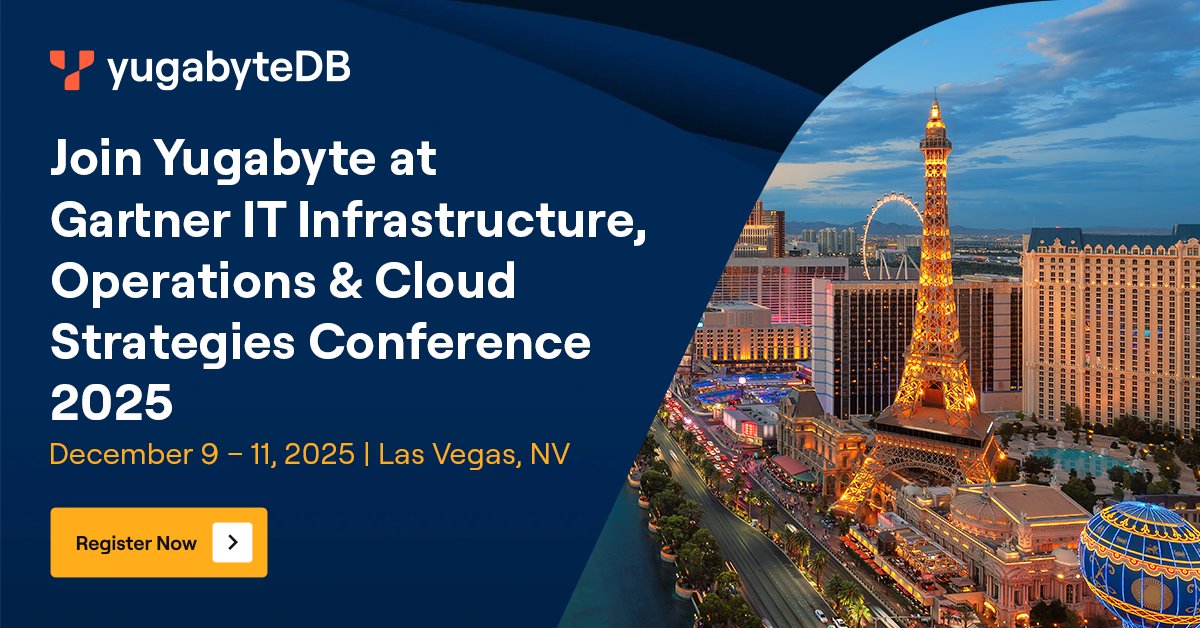 Yugabyte's tweet image. Join the @Yugabyte team in Las Vegas on Dec 9-11 at @Gartner_inc #IOCS, the premier conference for infrastructure, operations, and cloud leaders.🔥

Visit our experts at the Yugabyte booth to win cool prizes and discover how #AI-ready, #multimodal, #distributed, #YugabyteDB can…