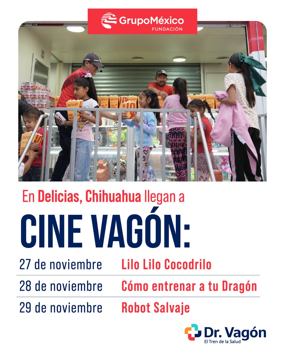 Ven con tu familia a disfrutar estas películas en Cine Vagón. 

Acompáñanos y vive una tarde especial en el #TrenDeLaSalud. 

#GrupoMéxico <a href="/FundacionGM/">FundaciónGrupoMéxico</a> <a href="/GMexico_oficial/">Grupo México</a> <a href="/Ferromex/">Ferromex GMXT</a>
