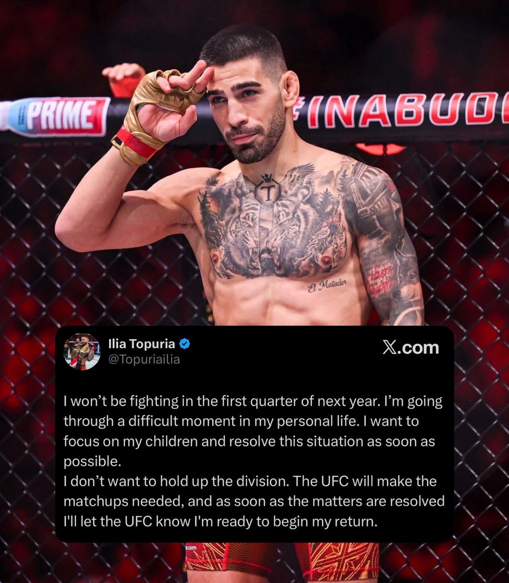 acdmma_'s tweet image. 🚨 BREAKING: Ilia Topuria announces that he will NOT fight in the first quarter of 2026 due to personal issues

Days ago, he posted that he misses his daughter and there have been rumours that he and his wife have split

“I don’t want to hold up the division.”

via @Topuriailia