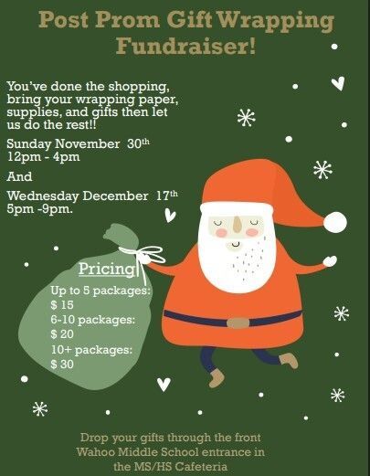 🎁 Gift wrapping Post Prom fundraiser 🎁
Drop your gifts and wrapping supplies at the Middle School entrance and let our Post Prom elves do the rest!
🗓️ Sunday, 11/30 from 12-4pm
🗓️ Wednesday, 12/17 from 5-9pm
⬇️ See below for pricing
#WahooWarriors