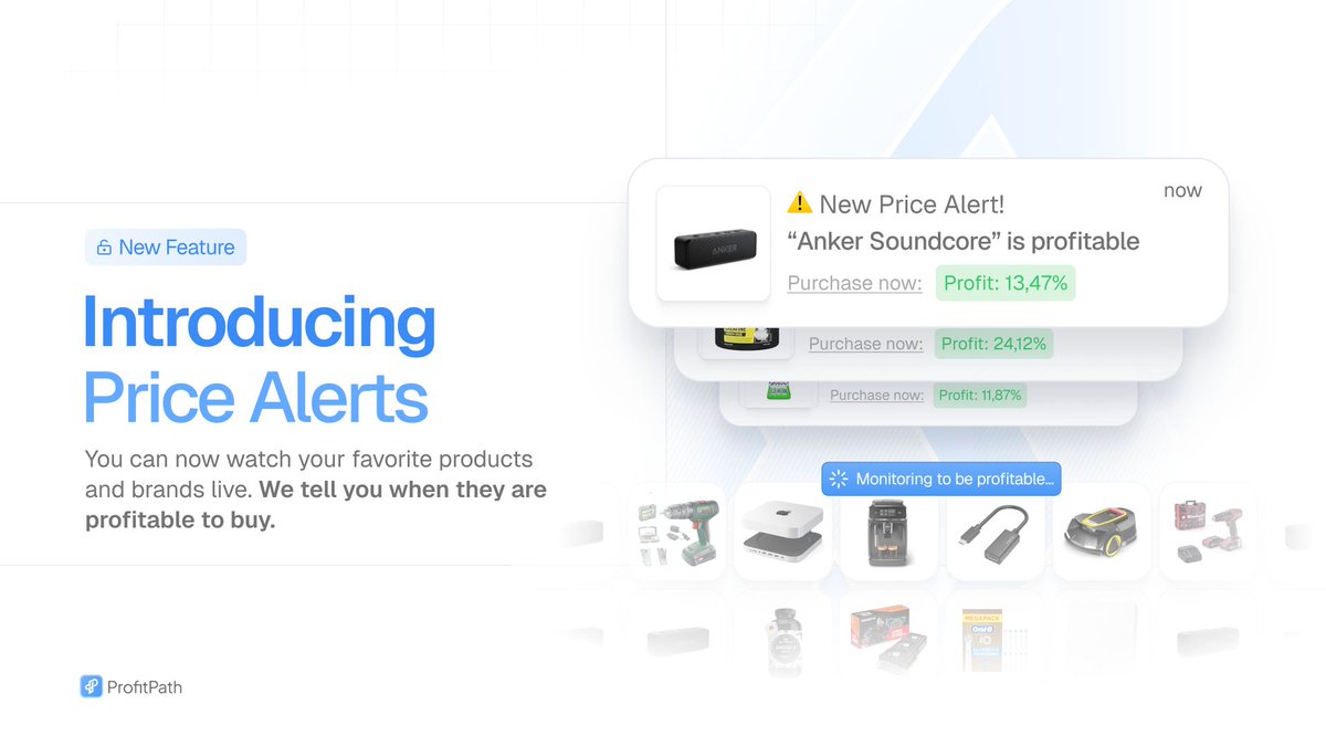 profitpathapp's tweet image. Introducing: Price Alerts 🚨

Upload your favorite ASINs.
Set your desired profit/ROI.
Let ProfitPath monitor prices across stores.

We ping you the second it becomes profitable.
You just buy &amp;amp; win. 🛍️