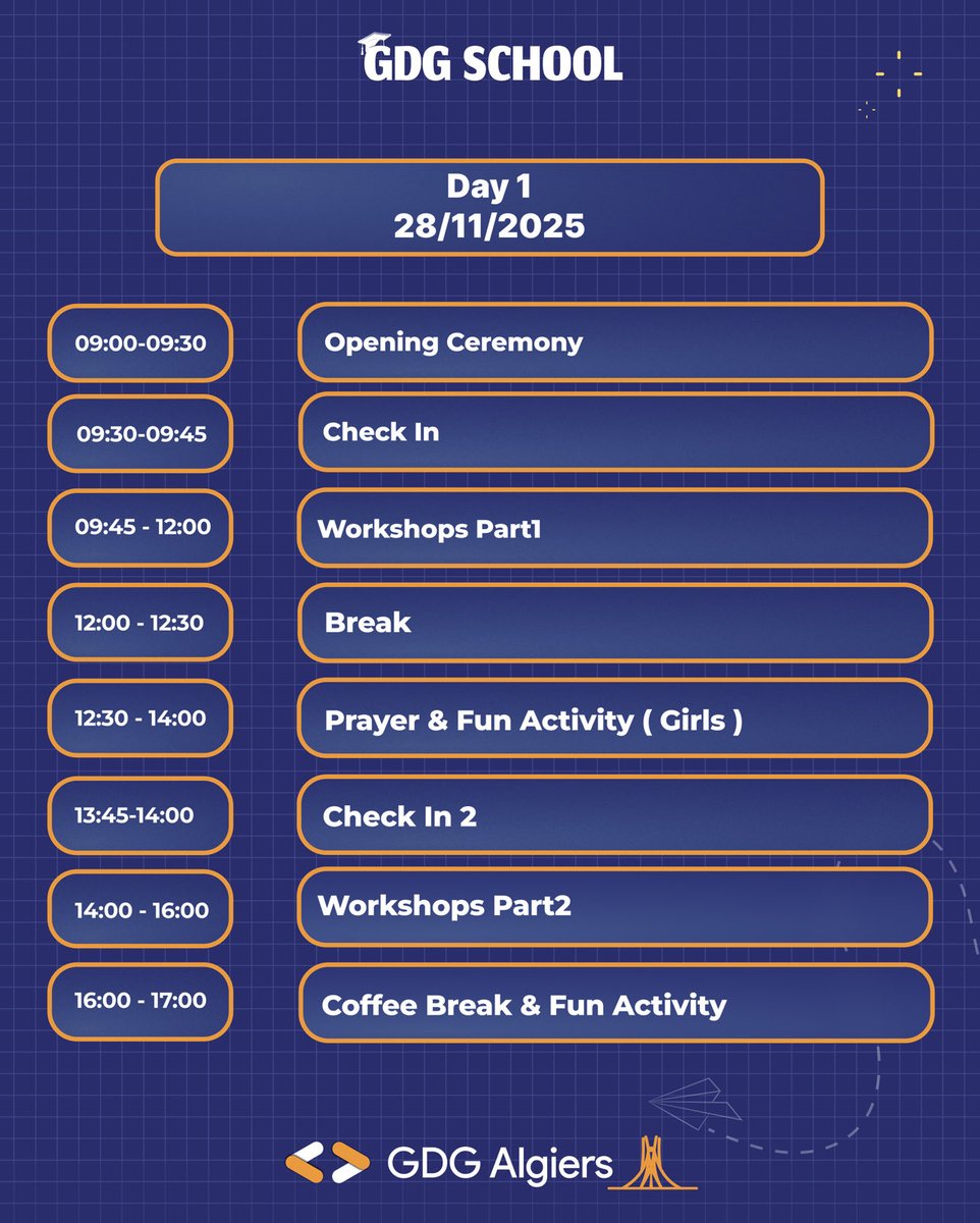 GDG_Algiers's tweet photo. The bell rang this morning๐
The GDG School D-day Agenda was pinned to the board ๐
get ready to learn and level up ๐
#GDGSCHOOL #GDG #GDGalgiers https://t.co/RsrZWhxPJf